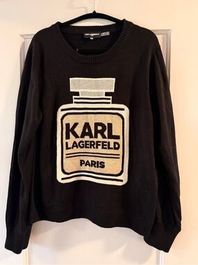 Karl Lagerfeld Black Sweater with Cream & Tan metallic Perfume-Bottle Graphic
